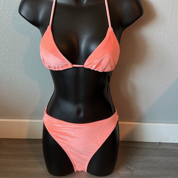 Orange coral velvet string top with high waist bottom set. - Picture 2 of 16